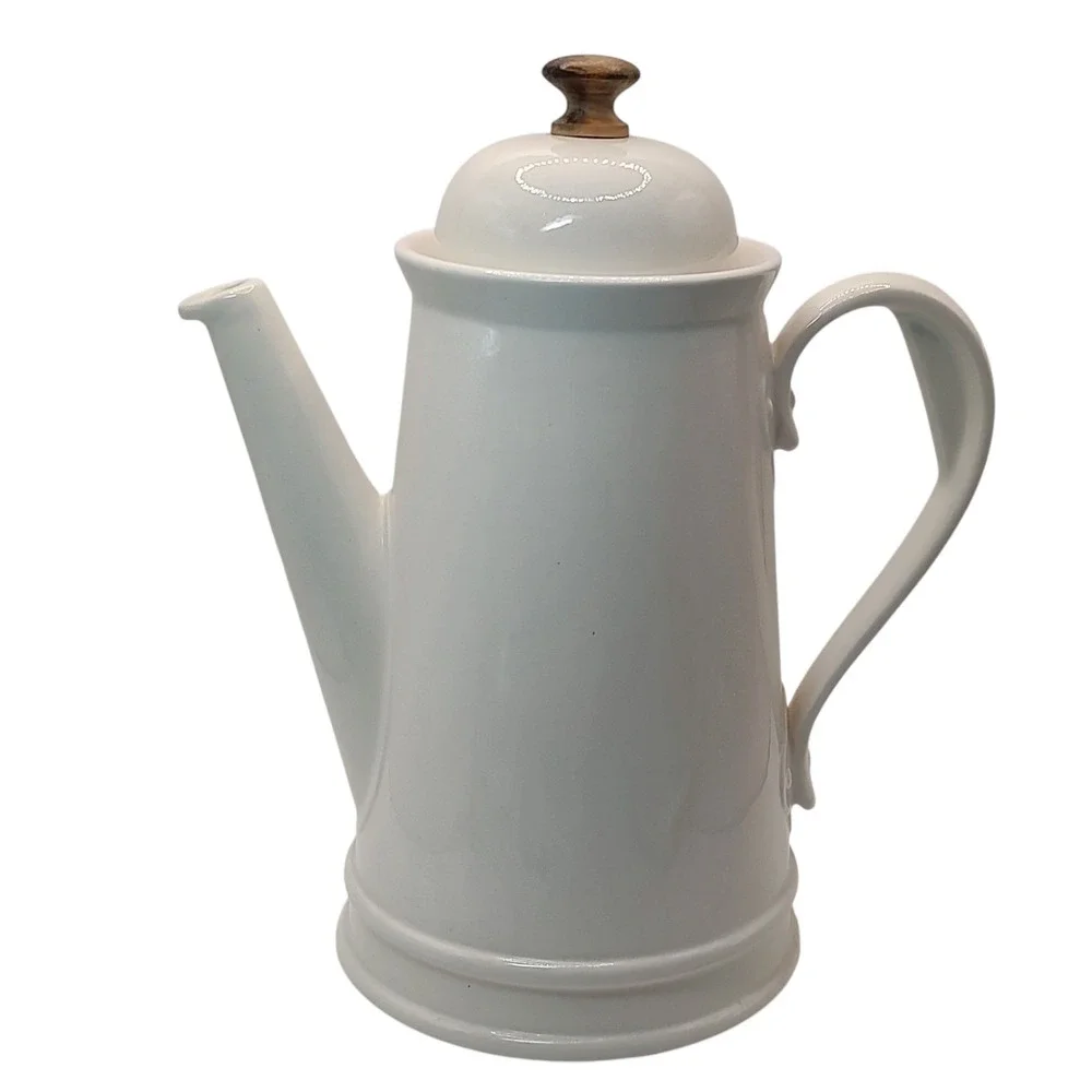 Vintage Stoneware Coffee Pot with Lid White Wooden Knob on Lid Ten Inch Six Cups